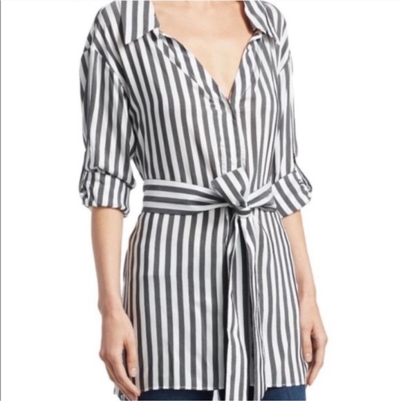Alice + Olivia Tate Black White Striped Belted Shirt Dress Tunic Top Size L - Picture 3 of 10